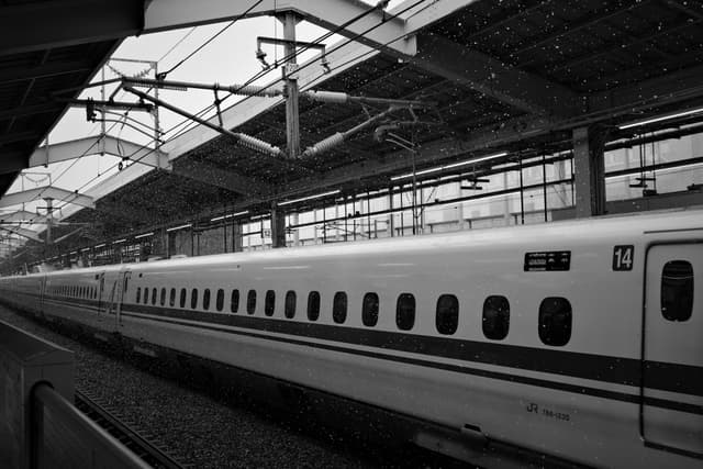 A sleek, modern train at a station platform, captured in black and white, with overhead power lines and a partially covered roof