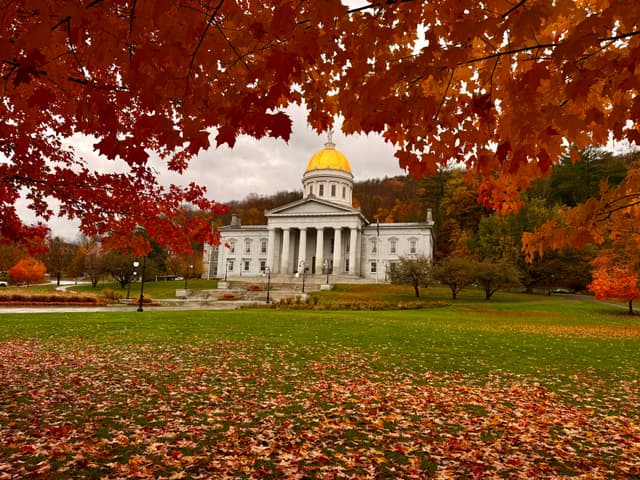 Neoclassical capitol with a gold dome framed by vivid red-orange autumn leaves, a carpet of fallen foliage across the green lawn under a cloudy sky