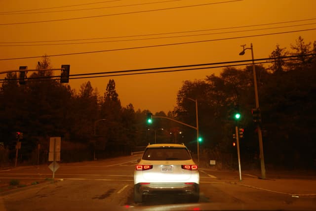 A car is stopped at a traffic light under an orange, smoky sky, with trees lining the road