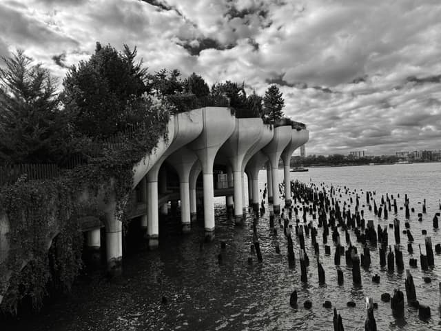 Black-and-white view of Little Island on the Hudson River, its tulip-shaped concrete columns standing above the water amid old wooden pilings under a dramatic cloudy sky