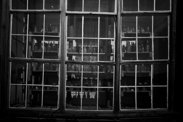 A black and white view through a window with multiple panes, revealing shelves filled with various bottles inside a dimly lit room