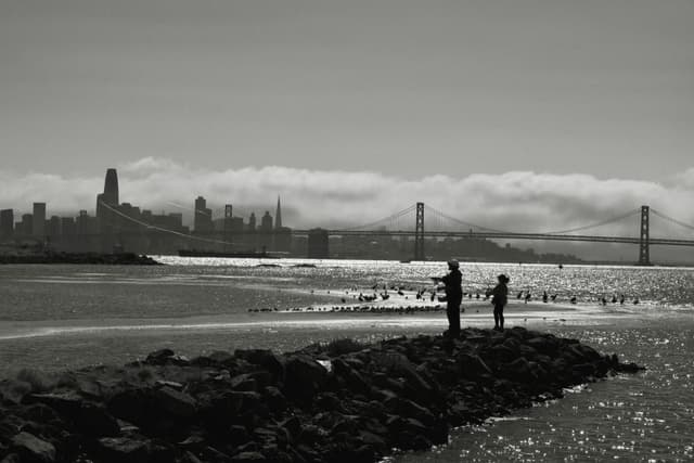 A black and white scene featuring two people standing on a rocky shoreline with a city skyline and a bridge in the background, under a cloudy sky