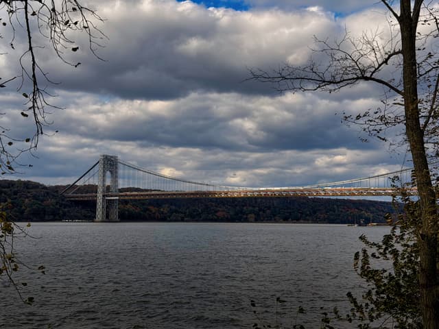 Suspension bridge crossing a wide river under thick clouds, framed by bare tree branches