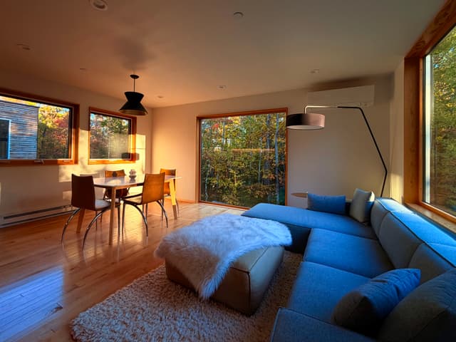 Cozy modern living-dining room with a blue sectional sofa, shag rug, and arc floor lamp on hardwood floors. Large windows and sliding doors let in warm sunset light over a wooden dining table and leafy views outside