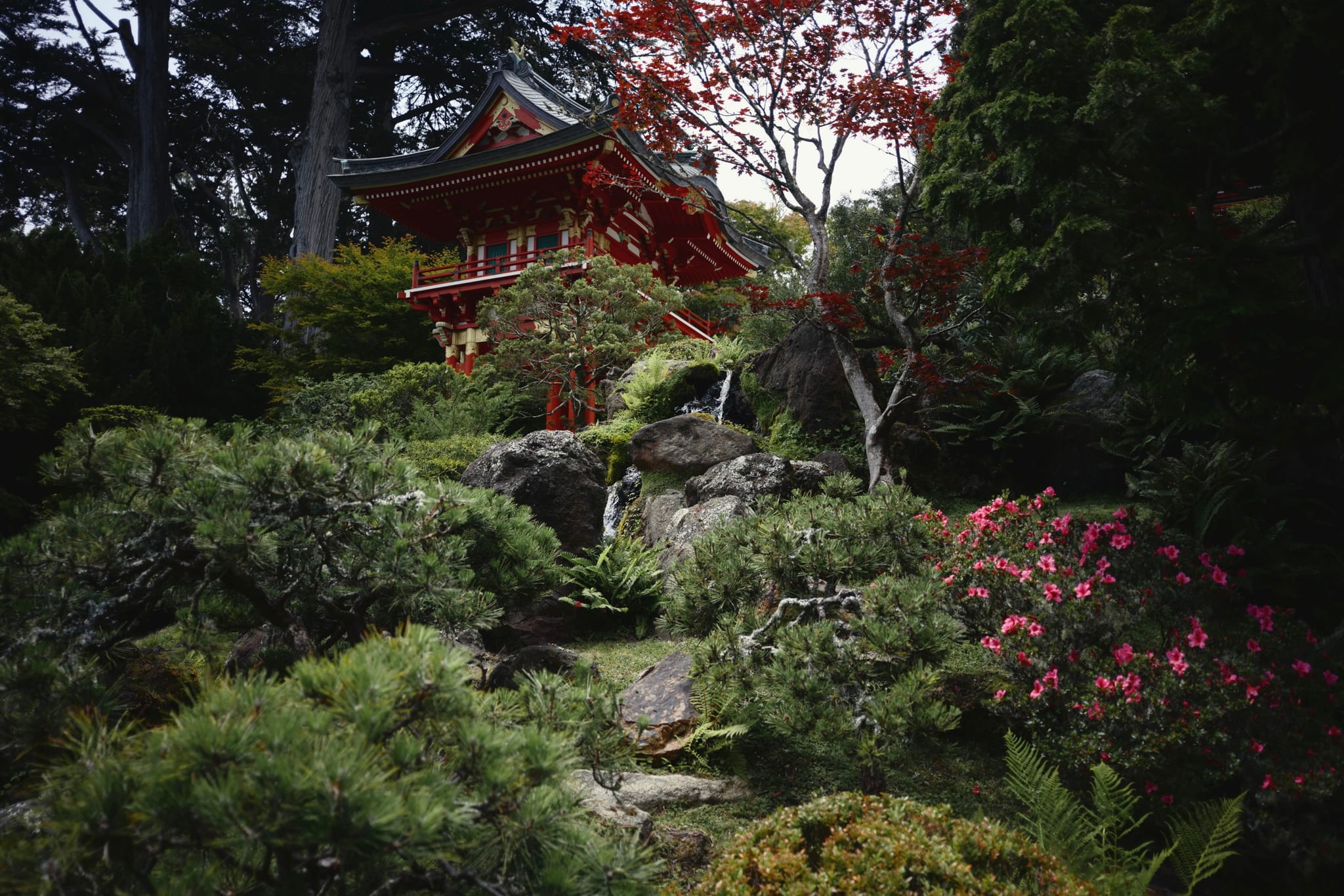 A serene Japanese garden with lush greenery, a small waterfall, and a traditional red pagoda in the background