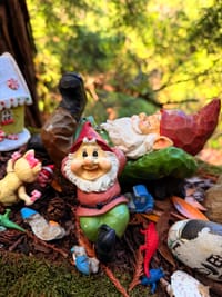 Group of garden gnomes and figurines on moss with leaves
