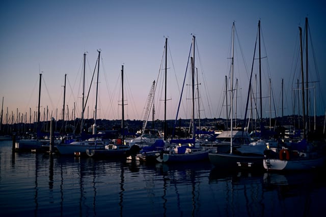 A marina at dusk with numerous sailboats docked, their masts silhouetted against the evening sky