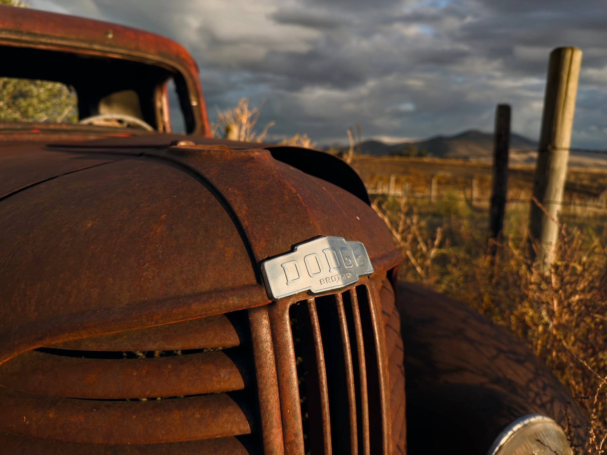 Close-up of a rusty vintage car front with a faded badge, beside a fence in a rural field under dramatic evening light