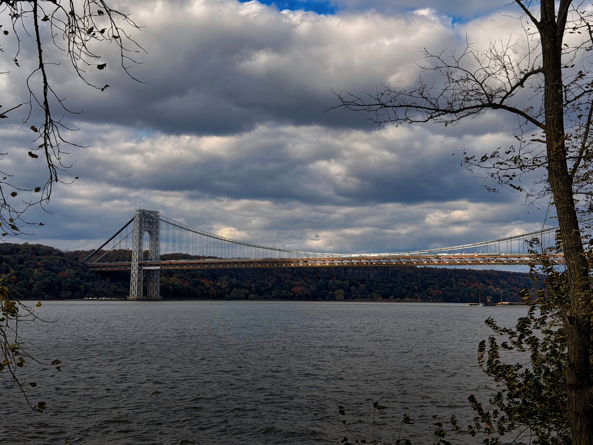 Suspension bridge crossing a wide river under thick clouds, framed by bare tree branches