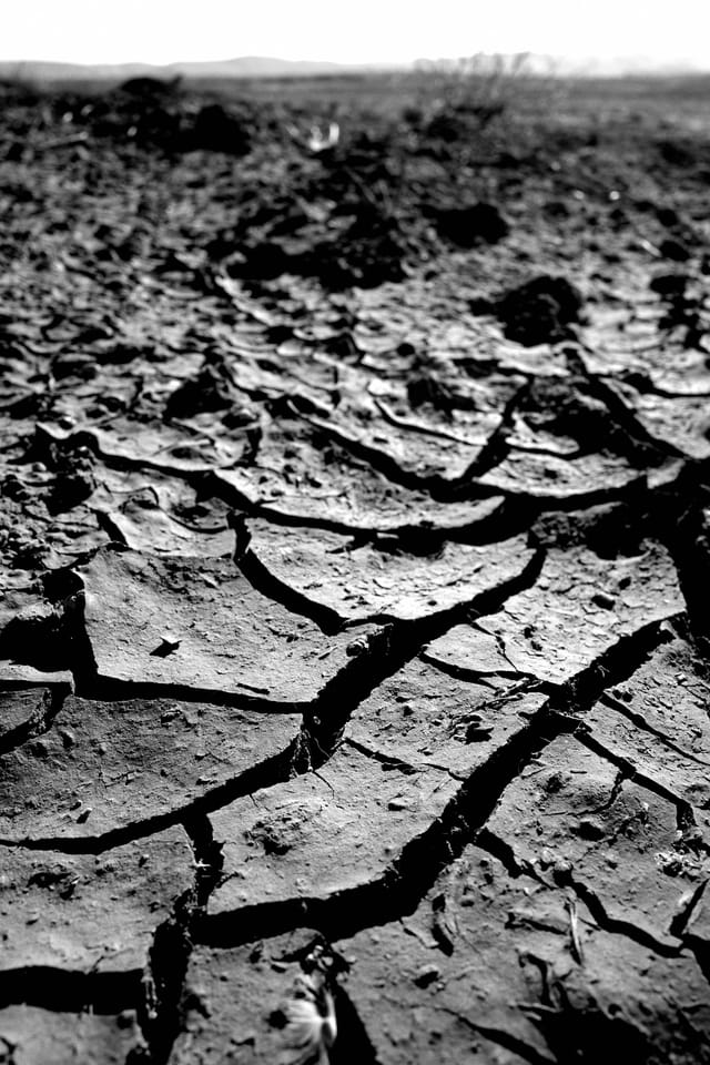 A cracked, dry landscape with parched earth and deep fissures, suggesting drought conditions