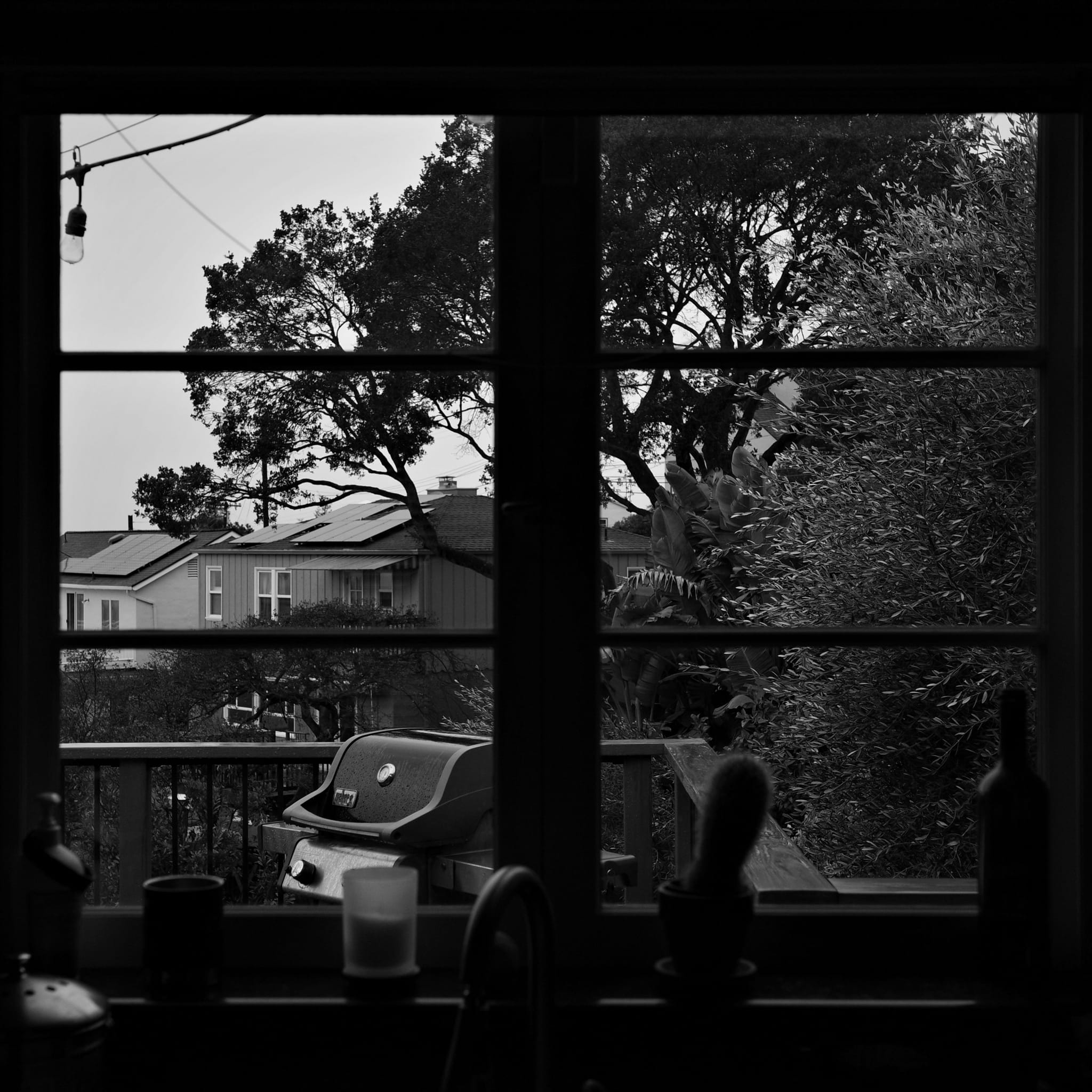 A black and white view through a window, showing a backyard with a barbecue grill, trees, and houses in the background