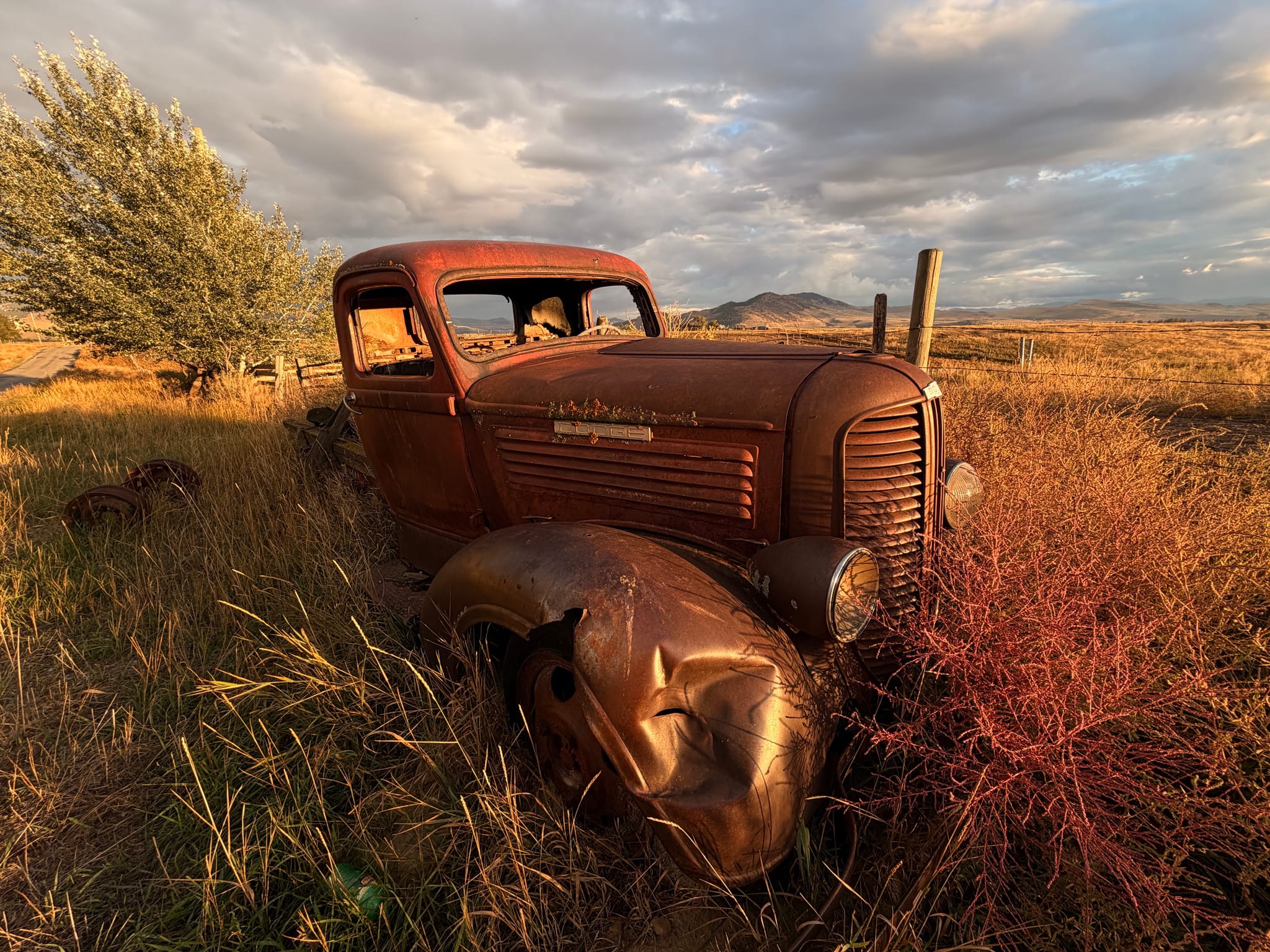 A rusted vintage pickup abandoned in tall grass at golden hour, with dramatic clouds and distant hills in the background