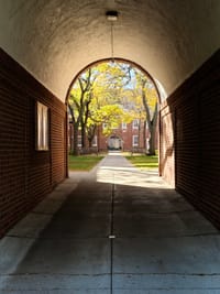 Brick archway framing a sunlit courtyard with trees and red-brick buildings
