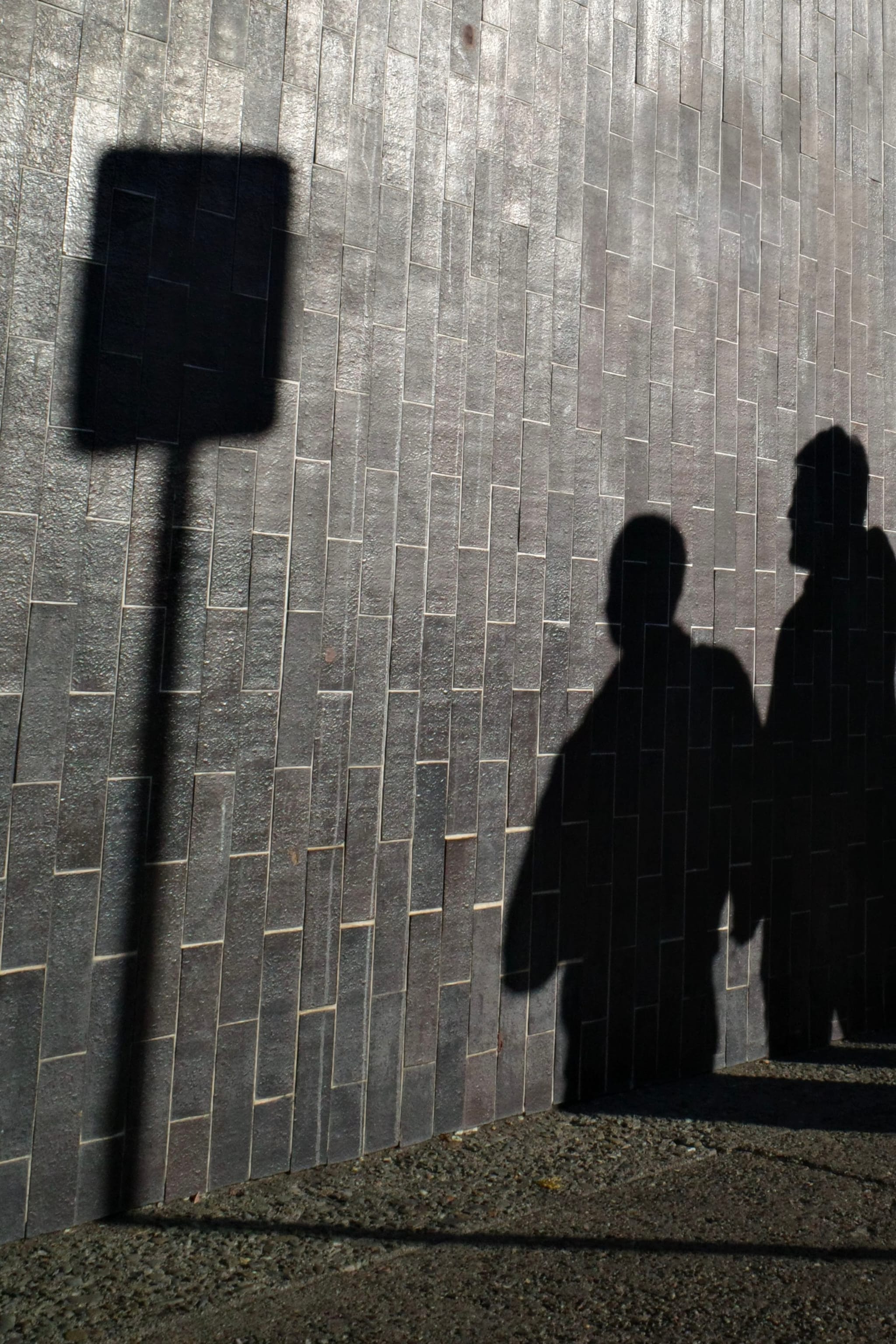 Shadows of two people and a signpost cast on a textured brick wall