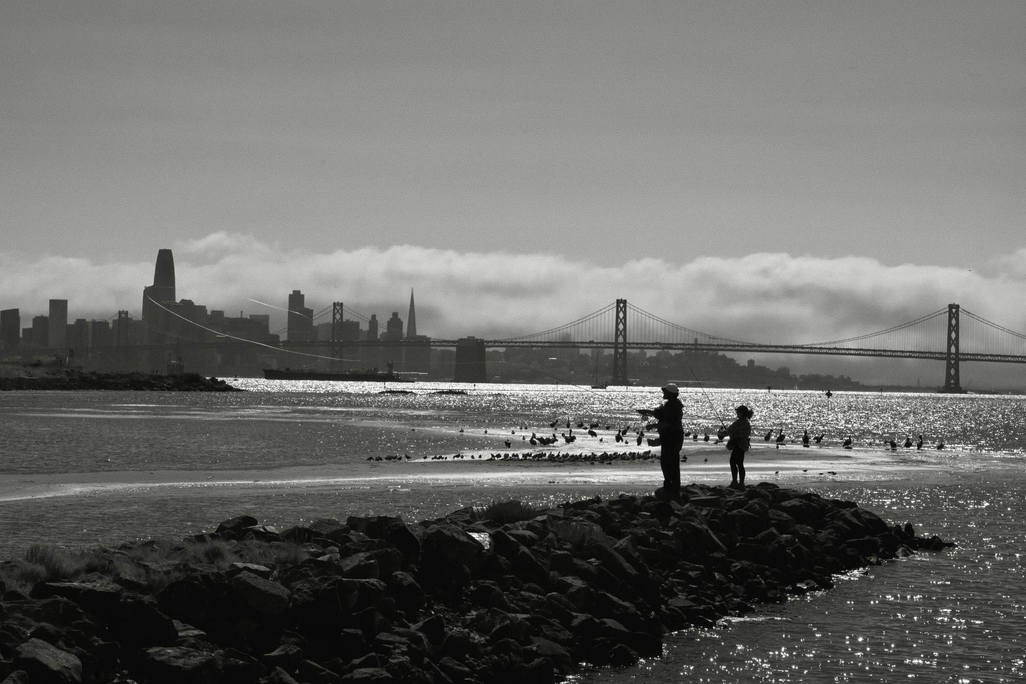 A black and white scene featuring two people standing on a rocky shoreline with a city skyline and a bridge in the background, under a cloudy sky