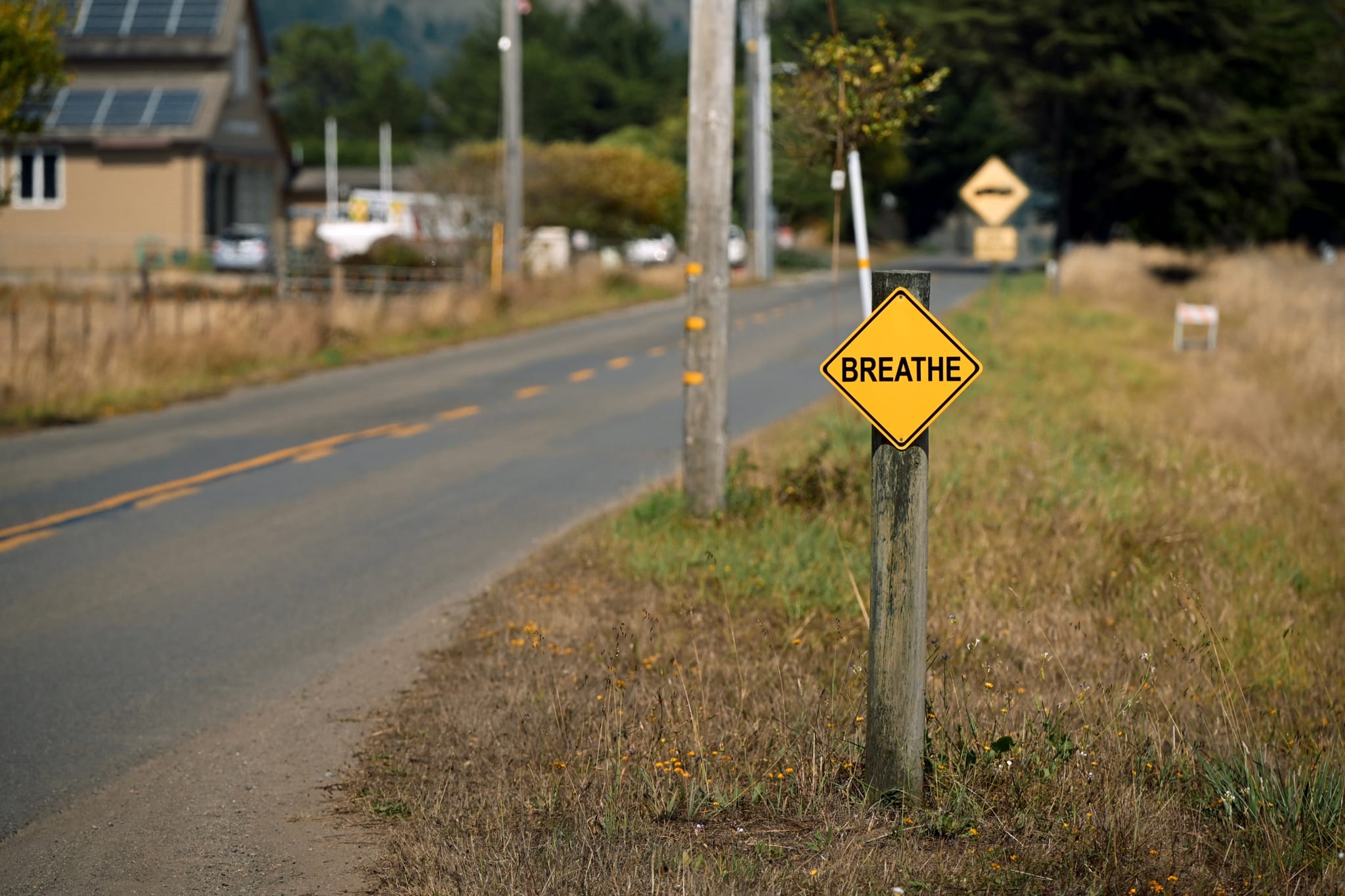 A rural road with a yellow diamond-shaped sign that reads BREATHE, surrounded by grass and trees, with houses in the background